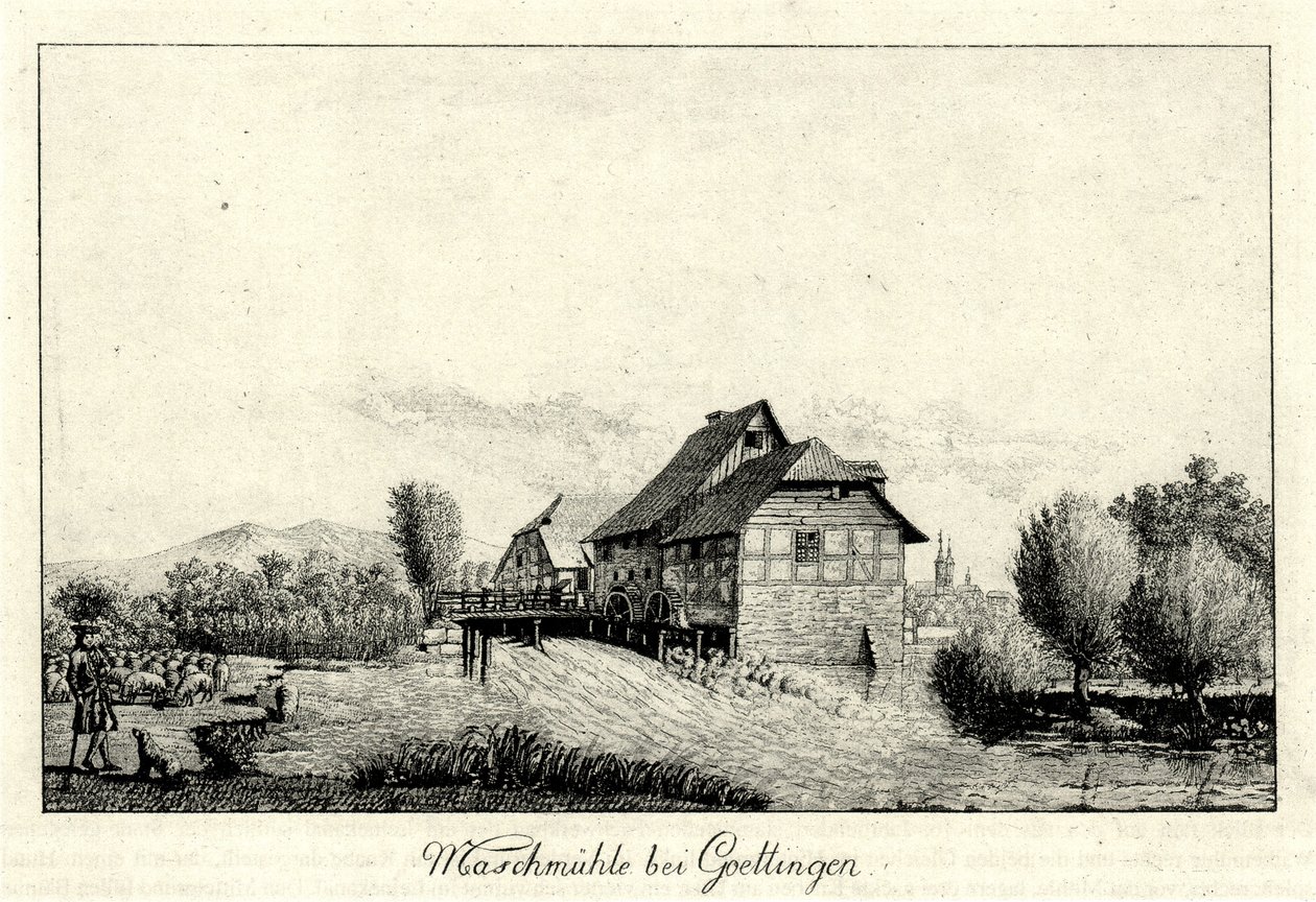 Tidligere Maschmühle an der Leine nord for Göttingen, i baggrunden til venstre Hainberg, til højre byen af Christian Andreas Besemann