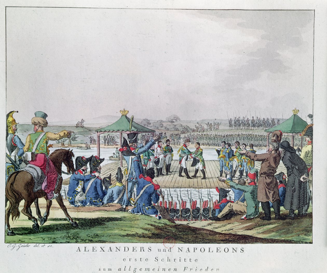 Alexander I (1777-1825) og Napoleon (1769-1821) Tag de første skridt mod en generel fredstilstand, 26. juni 1807 (farvegravering) af Christian Gottfried Geissler