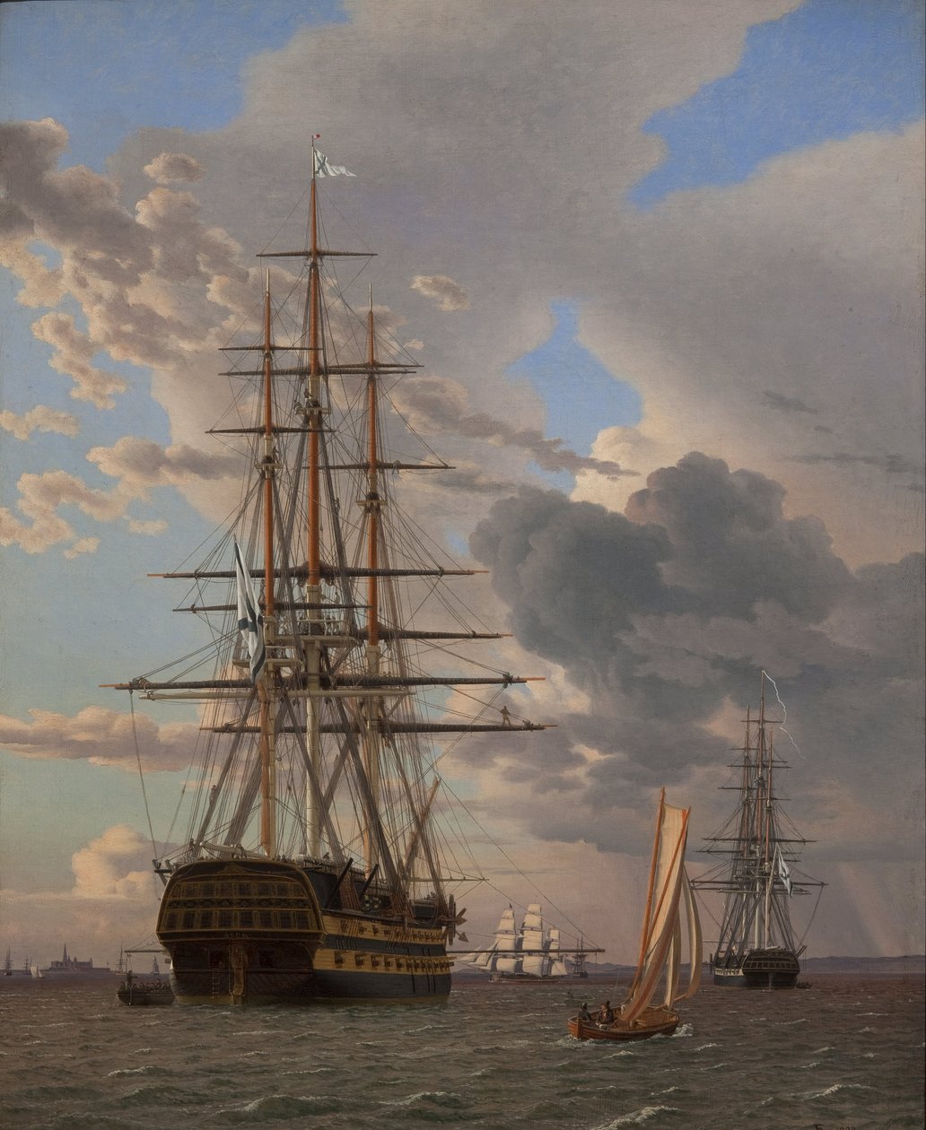 Det russiske Line of Line Asow og en fregat ved anker i Helsingørs veje af Christoffer Wilhelm Eckersberg