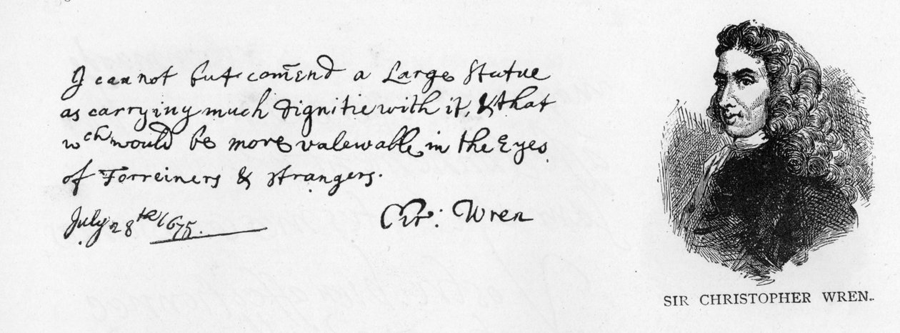Uddrag fra Christopher Wrens rapport om designet til toppen af monumentet til den store brand i London i 1666, 28. juli 1675 (pen og blæk på papir) af Christopher Wren
