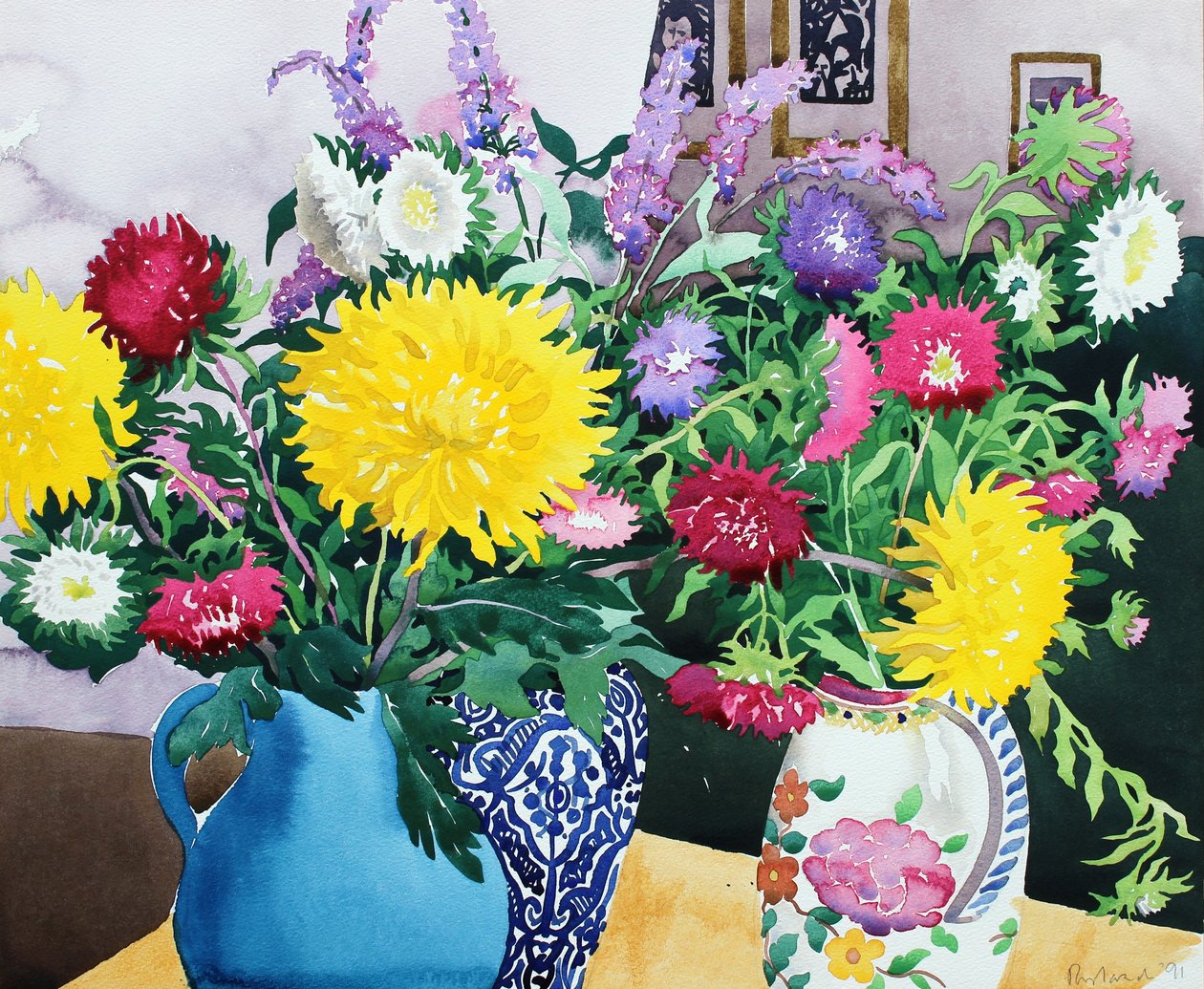 Interiør med asters (akvarel på papir) af Christopher Ryland
