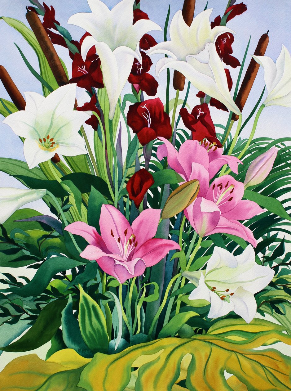 Liljer og Bullrushes (akvarel på papir) af Christopher Ryland