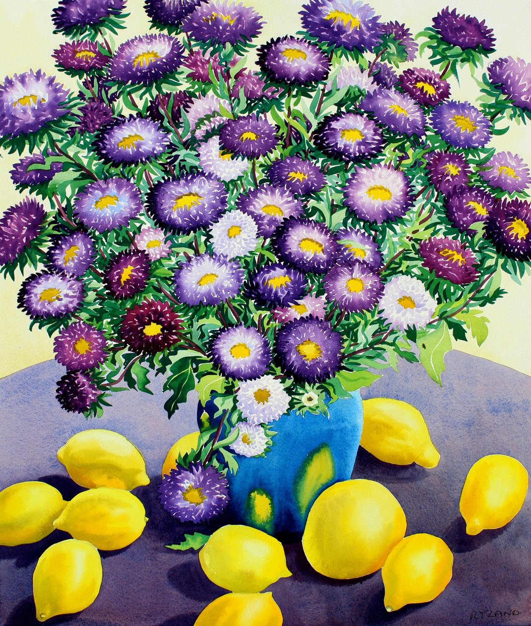 Lilla asters og citroner (akvarel på papir) af Christopher Ryland