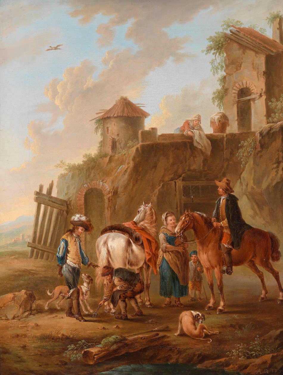 Et jagtselskab, der hviler foran et hus af Circle of August Querfurt