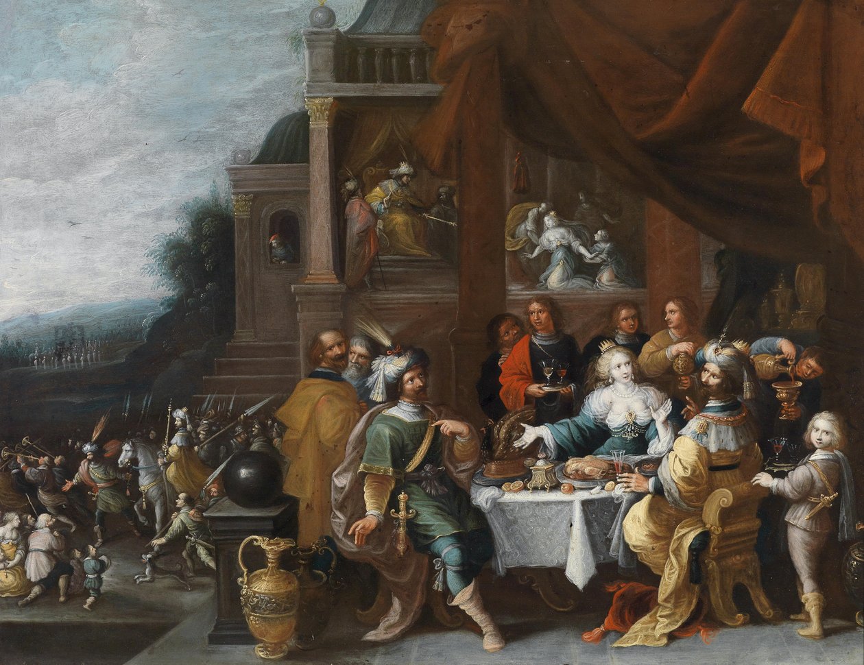 Ahasver og Haman til Esters fest af Circle of Frans Francken the Younger