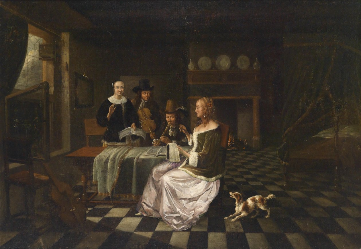 Borgerligt interiør med fire personer af Circle of Pieter de Hooch