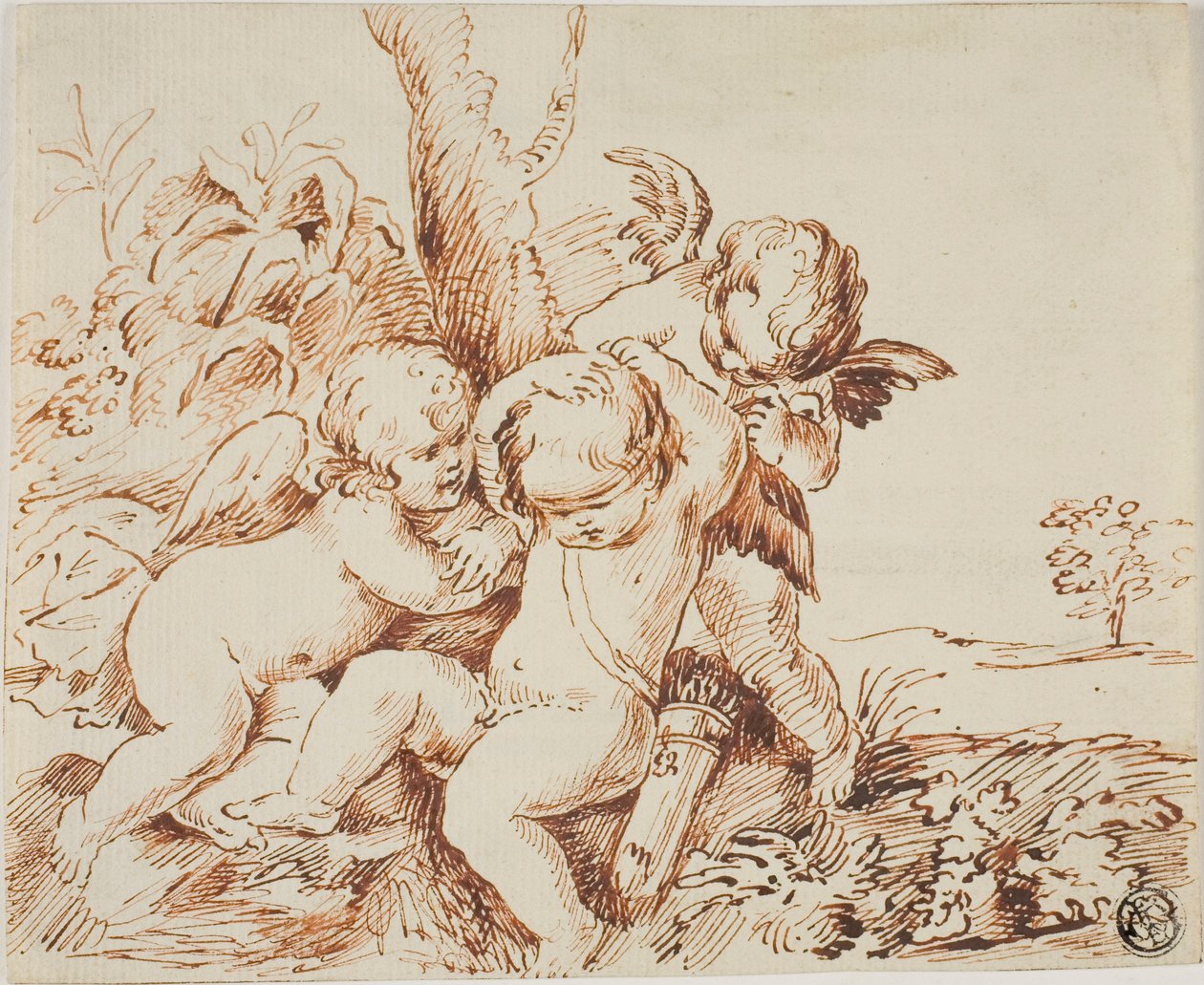 To putti giver en tredje bind for øjnene af Circle of Guido Reni