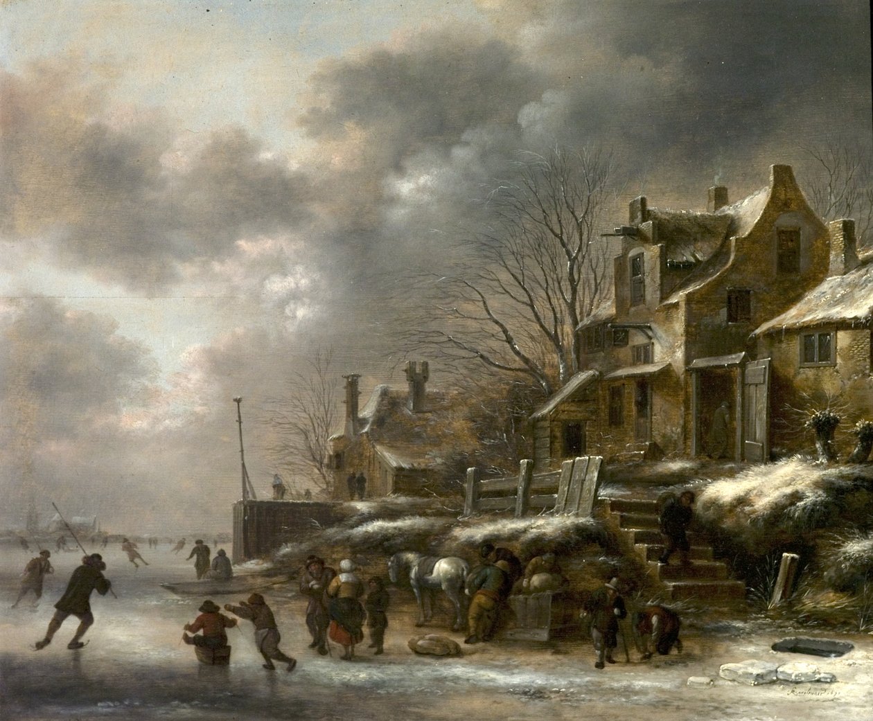 Vinterscene, flod med kunstskøjteløb, 1671 af Claes Molenaer