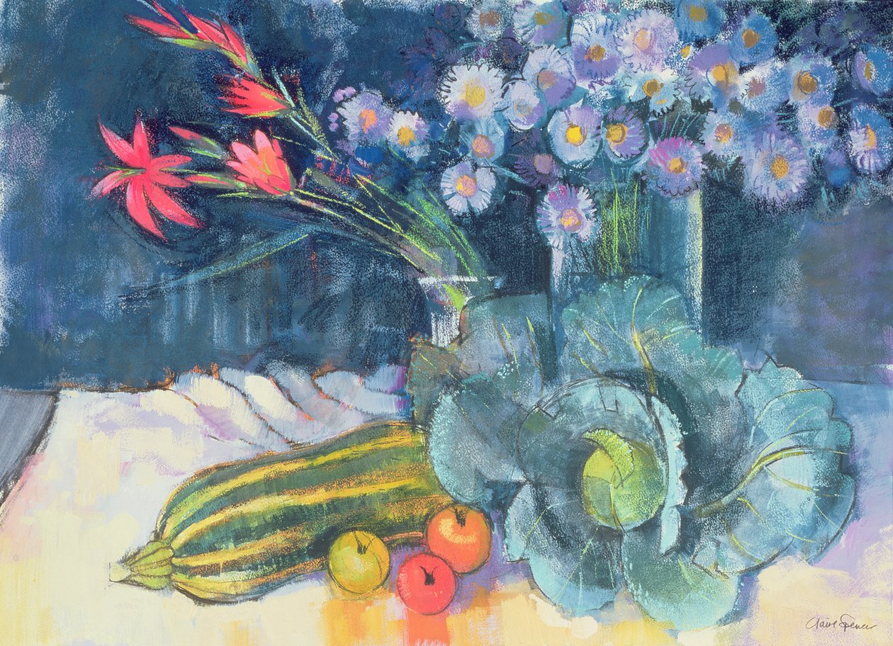 Stilleben med frugt og blomster af Claire Spencer