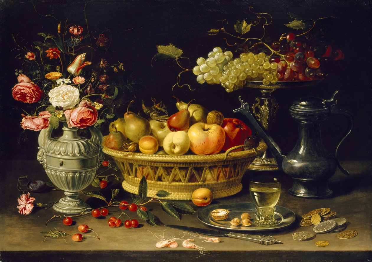 Stilleben af frugt og blomster, 1608 - 1621 (olie på kobber) af Charlotte Evans