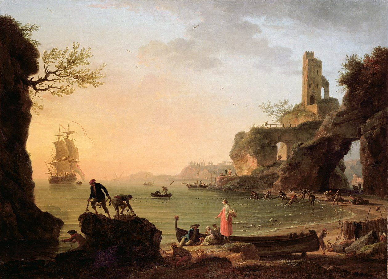Solnedgang, fiskere trækker i deres net, 1760 af Claude Joseph Vernet