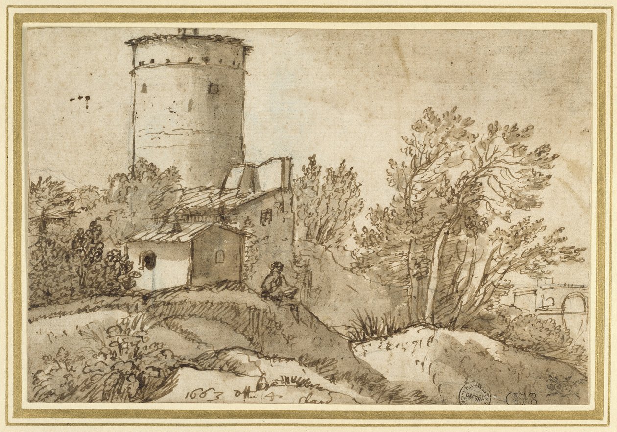 Farm Buildings by the Tiber, 1663 (sort kridt med kuglepen og brunt blæk og brun vask på råhvidt papir) af Claude Lorrain