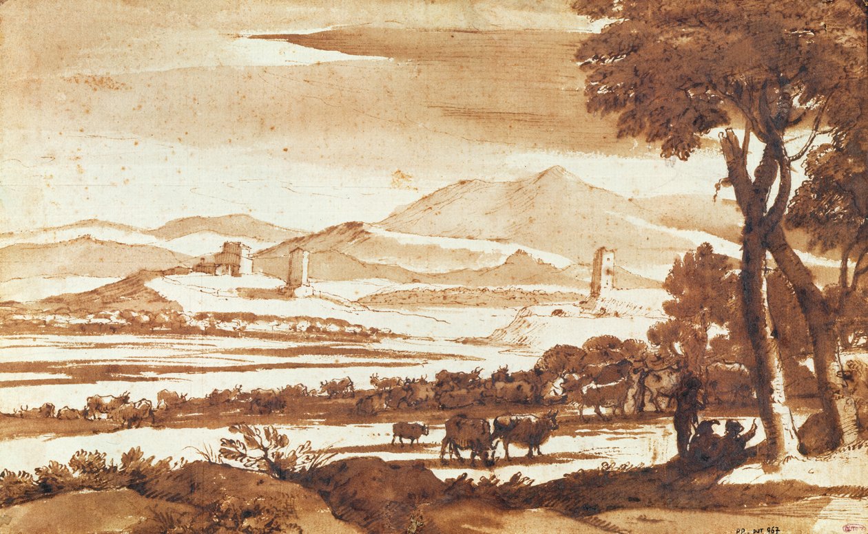 Landskab af det romerske landskab, 1643 (pen og blækvask på papir) af Claude Lorrain