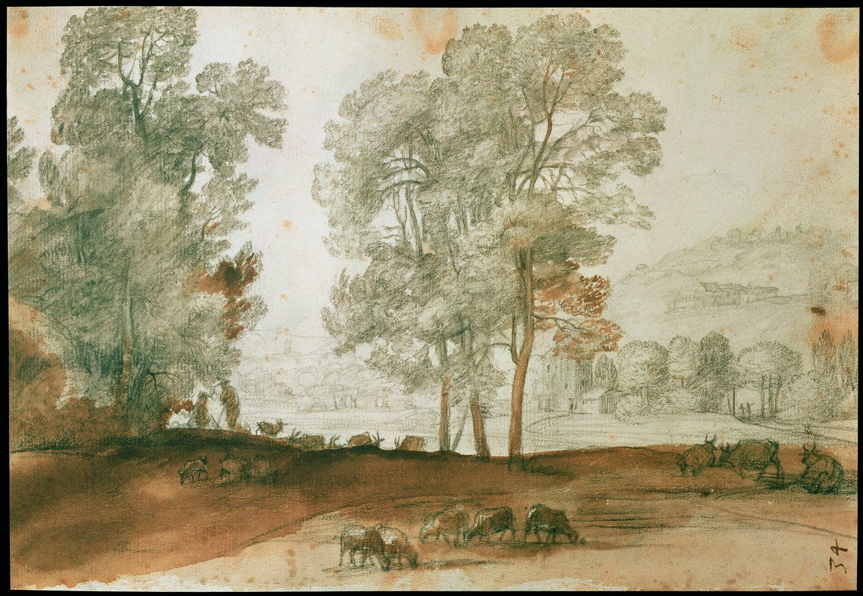 Pastoralt landskab (sort kridt og vask på papir) af Claude Lorrain