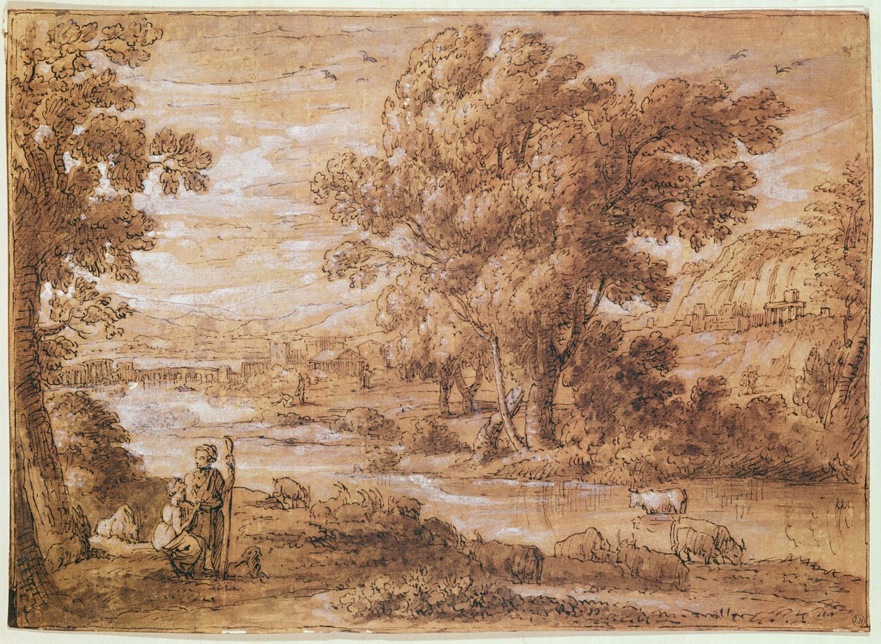 Hyrde og hyrdinde (pen, akvarel og bistre vask) af Claude Lorrain