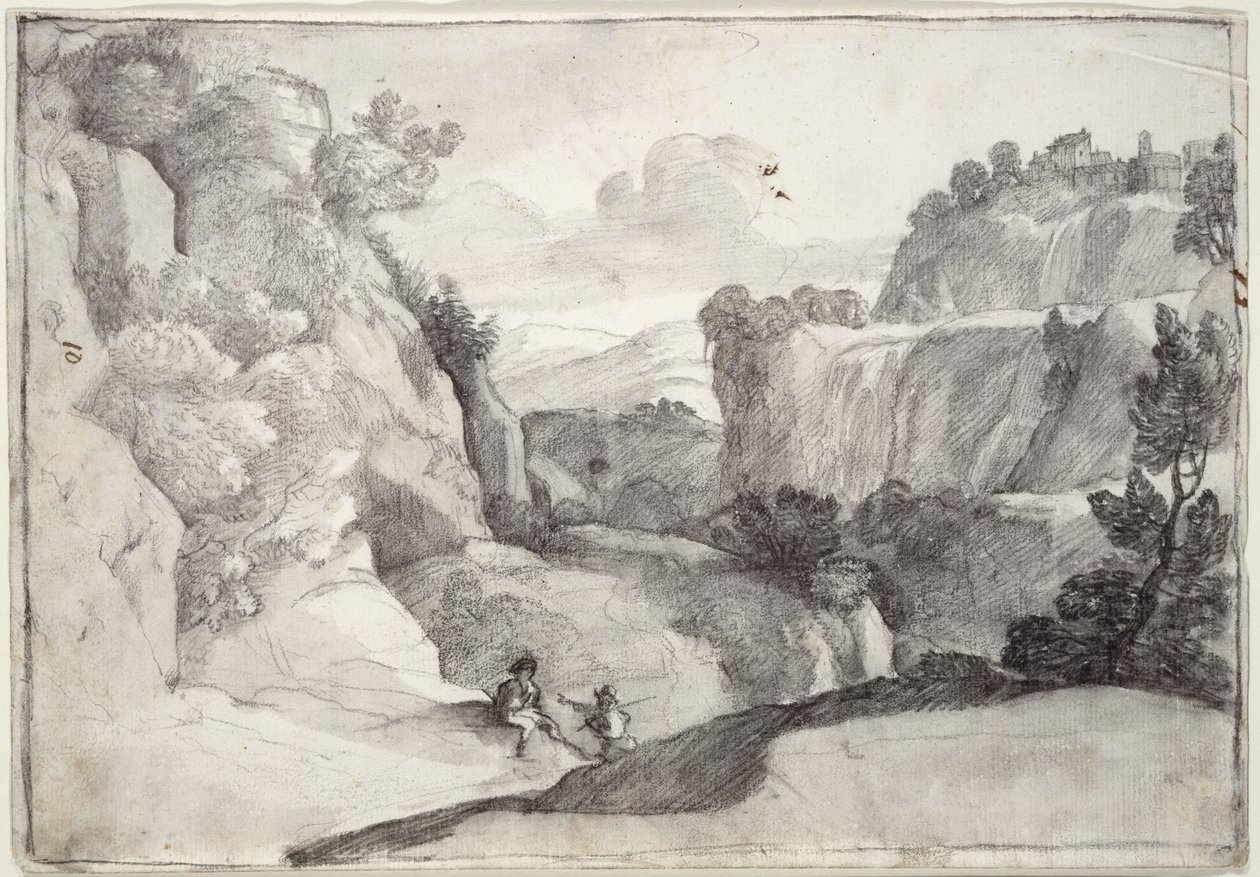Kaskaderne i Tivoli (sort kridt på papir) af Claude Lorrain