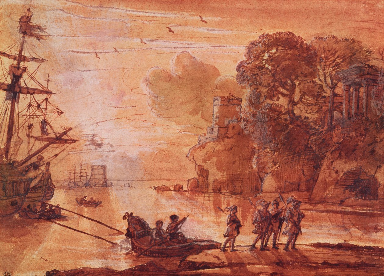 The Disembarkation of Warriors in a Port, muligvis Aeneas in Latium, 1660-65 (pen og blækvask med gouache på papir) af Claude Lorrain