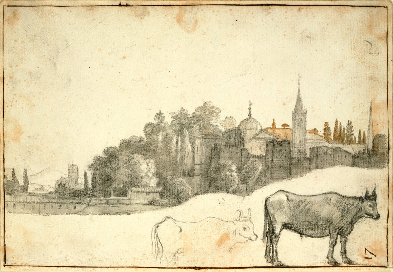 Udsigt udenfor Piazza del Popolo (sort kridt og vask på papir) af Claude Lorrain