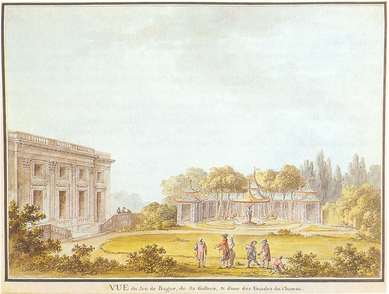 Udsigt over Jeu de Bague, galleriet og en af ​​facaderne på slottet af Claude Louis Chatelet