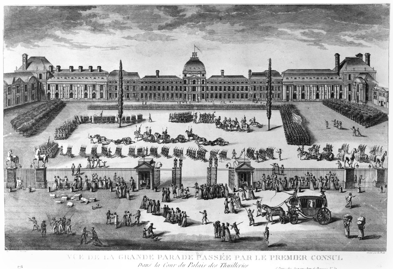 Napoleon Bonaparte (1769-1821) Førstekonsul, gennemgår sine tropper i gården til Tuileries-paladset, graveret af Pierre Adrien Le Beau (f.1748) af Claude Louis Desrais