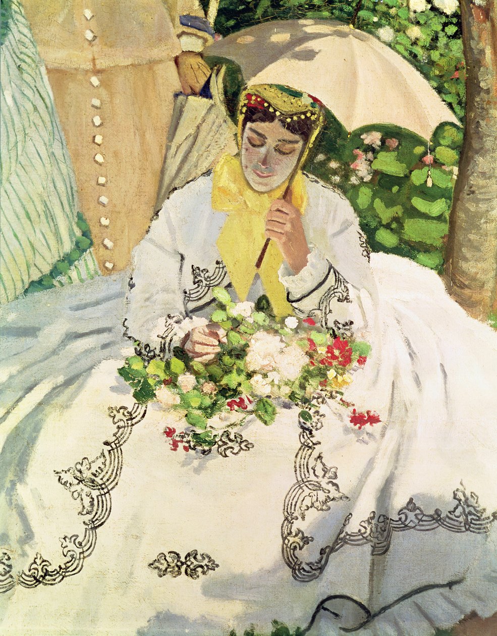 Femmes au jardin detalje af en siddende ung kvinde med en parasol, ca. 1866 olie på lærred af Claude Monet