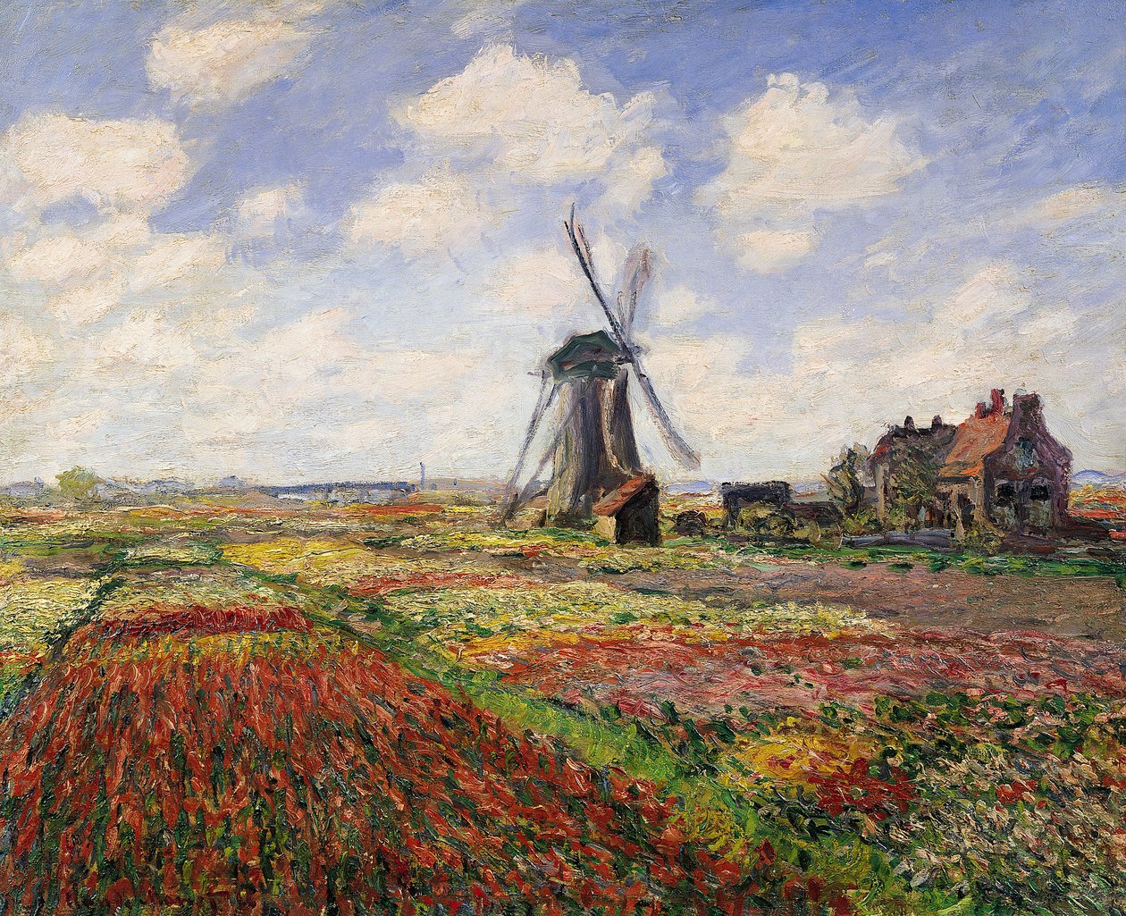 Tulipanmarker med Rijnsburg-vindmølle, 1886 af Claude Monet