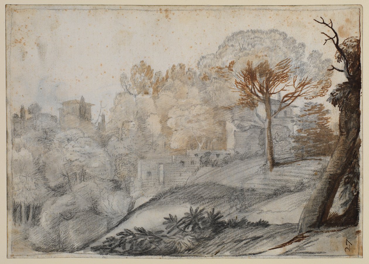 Landskab med træer og bygninger af Claude Lorrain