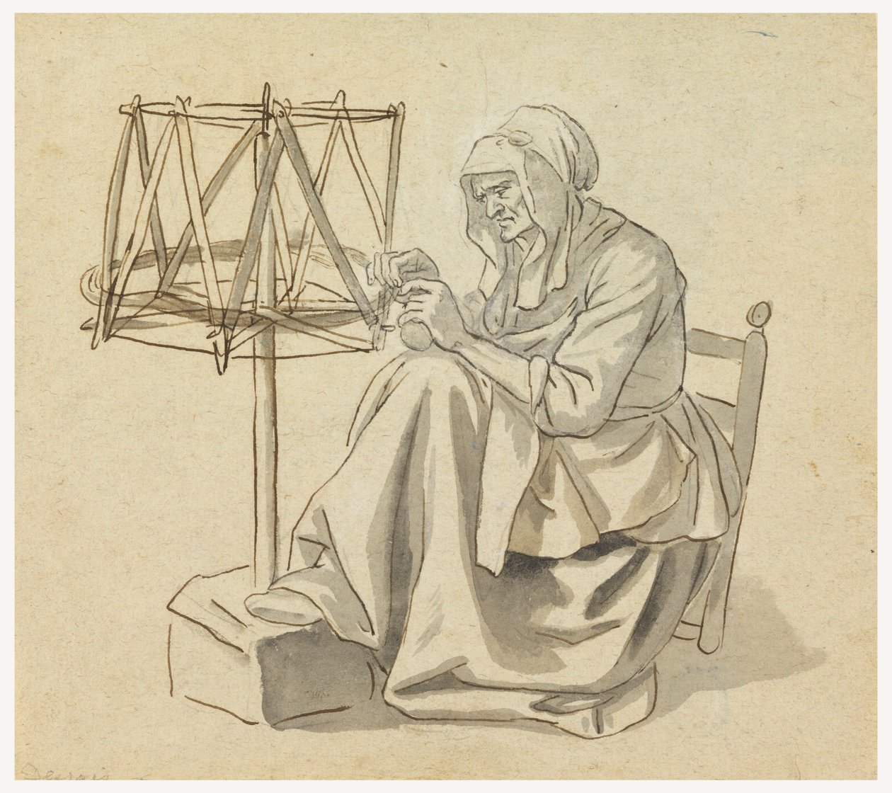 En gammel kvinde spinder af Claude Louis Desrais
