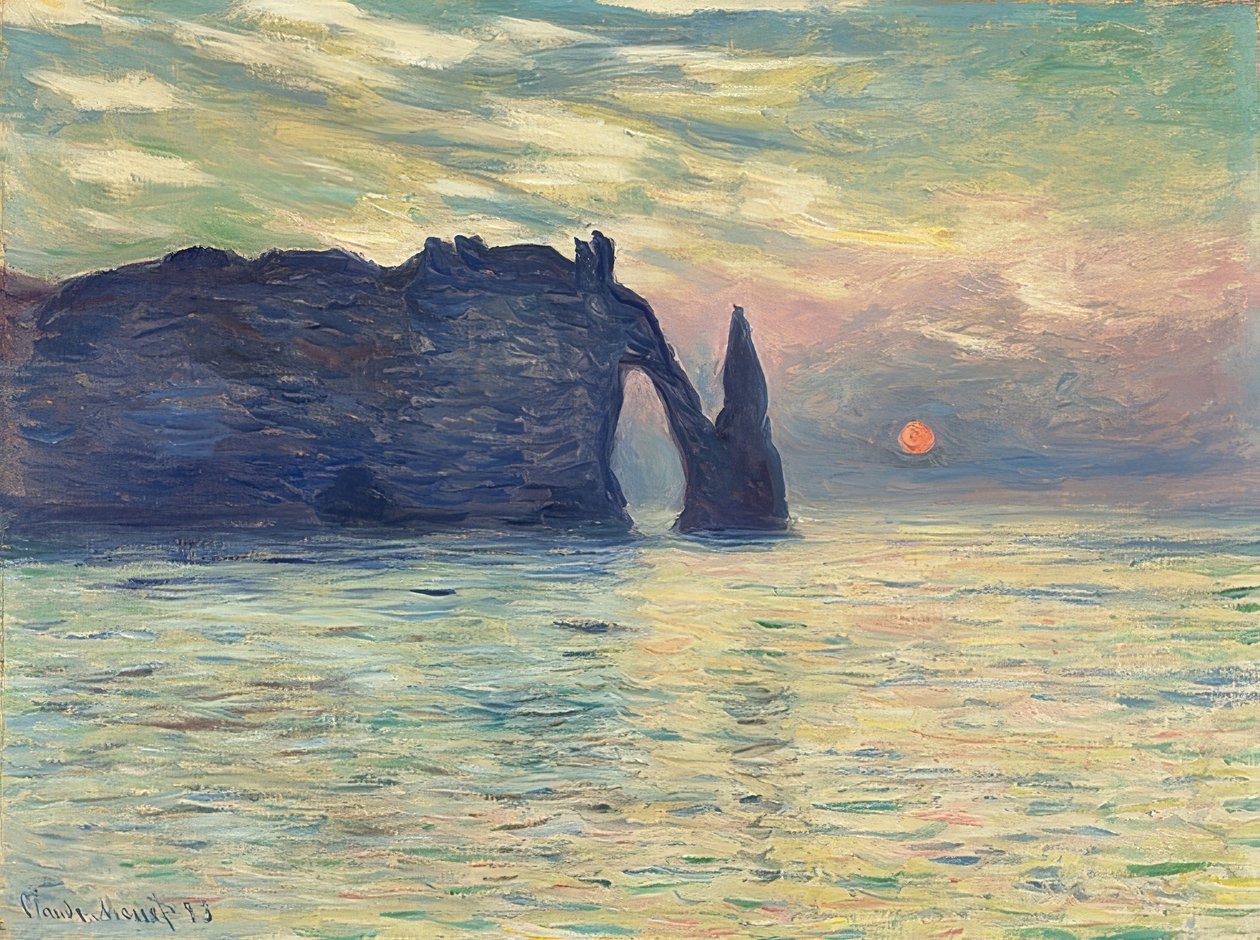 Klipper, Étretat, solnedgang. 1882-83 af Claude Monet