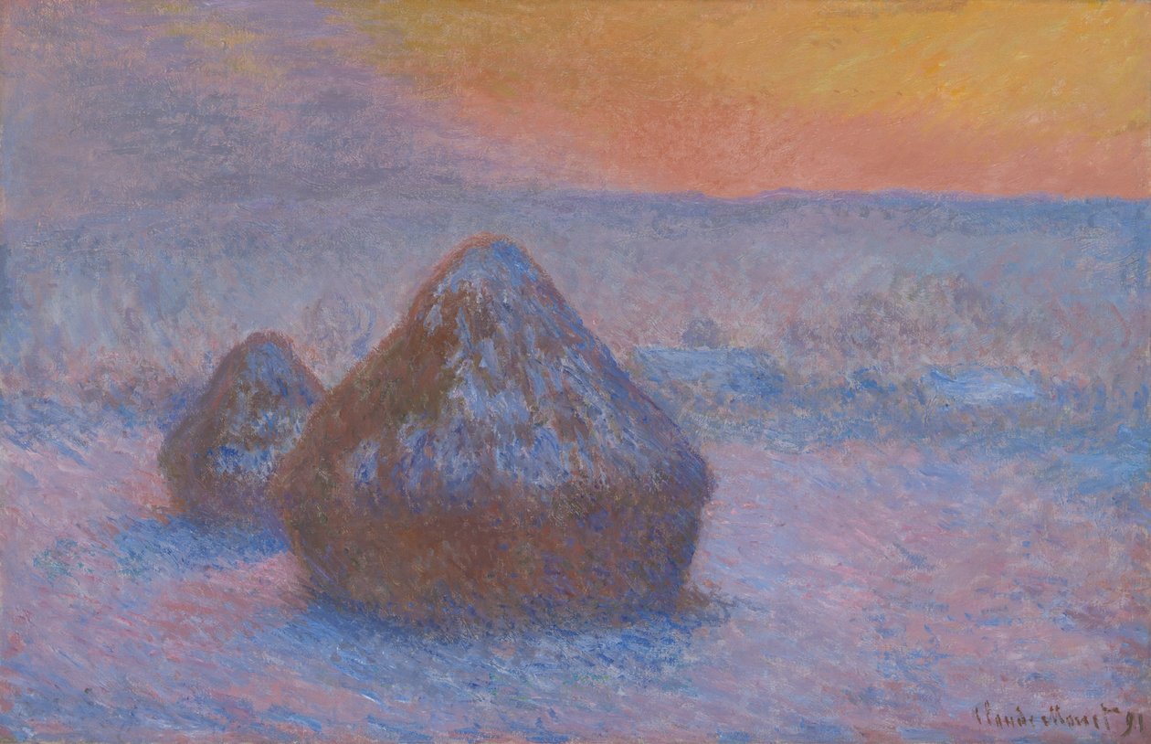 Stabler af hvede (solnedgang, sneeffekt) af Claude Monet