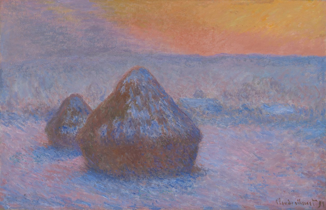 Stabler af hvede solnedgang, sneeffekt, 189091. af Claude Monet