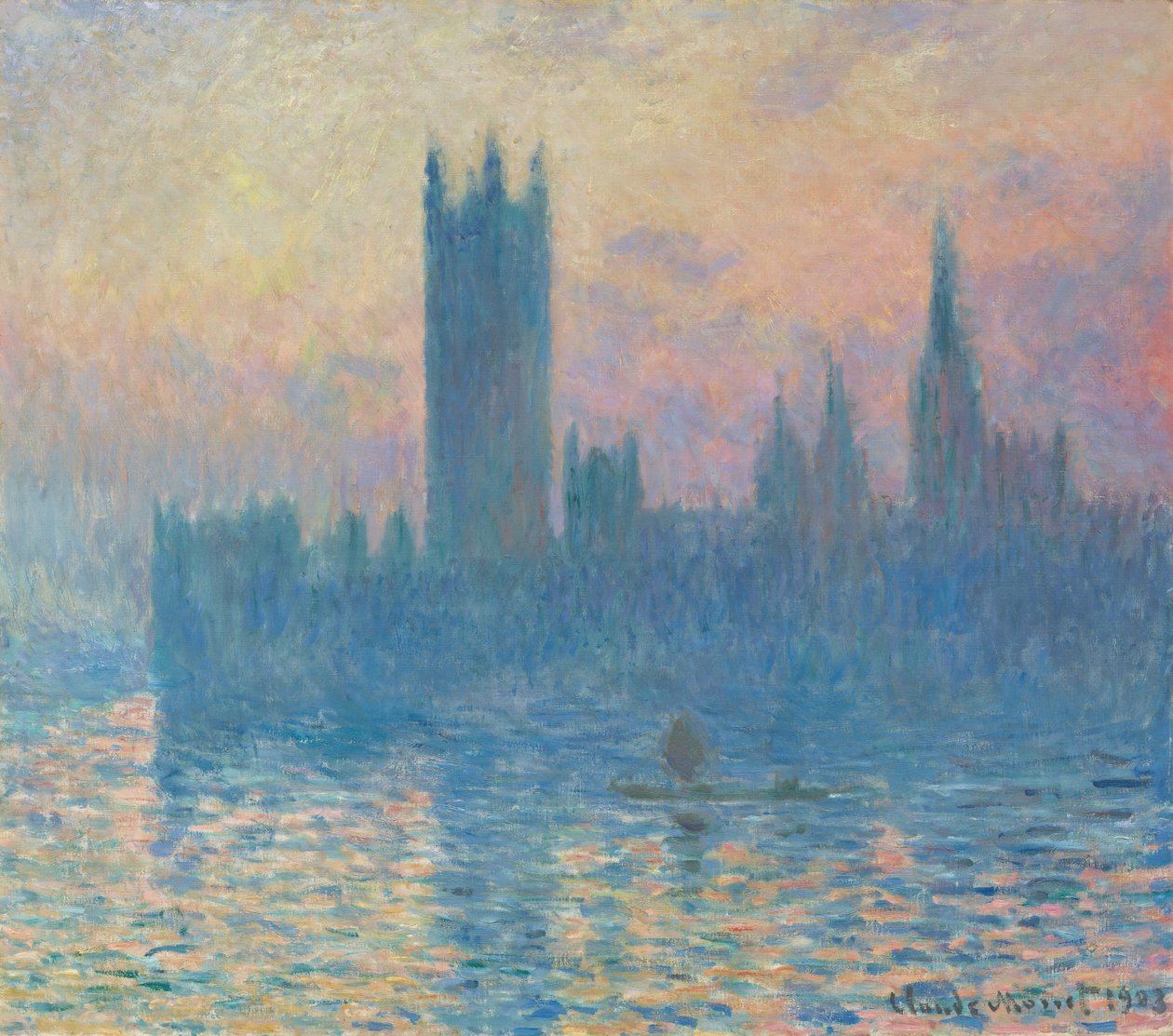 Parlamentets huse, solnedgang, 1903. af Claude Monet
