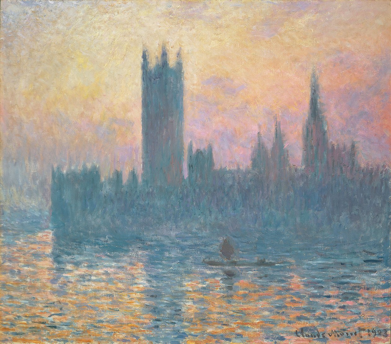 Parlamentets huse, solnedgang, 1903 af Claude Monet