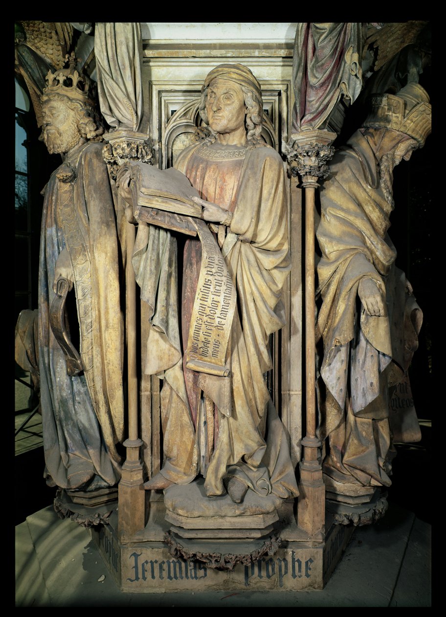Jeremias (i midten), David (venstre) og Zacharias (højre), figurer fra den sekskantede piedestal af Moses Brønd, 1395-1404 af Claus and Malouel, Jean Sluter