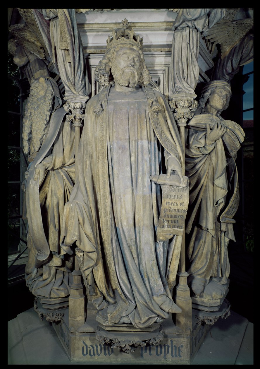 Kong David, Moses (venstre) og Jeremiah (højre), detalje af den sekskantede piedestal af Moses Brønd, 1395-1404 (for detaljer se 86118) af Claus and Malouel, Jean Sluter