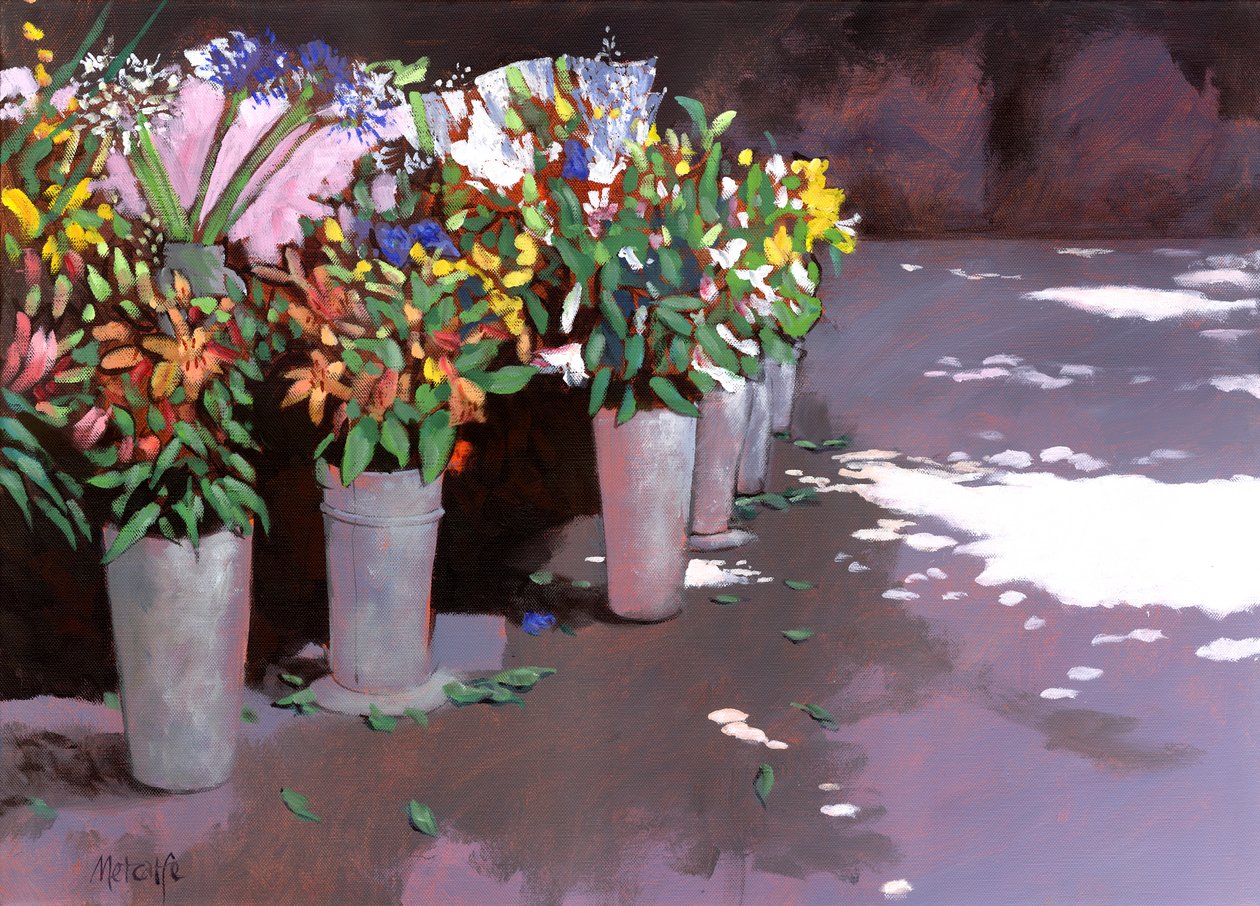 Fransk blomstermarked, 2007 (akryl om bord) af Clive Metcalfe