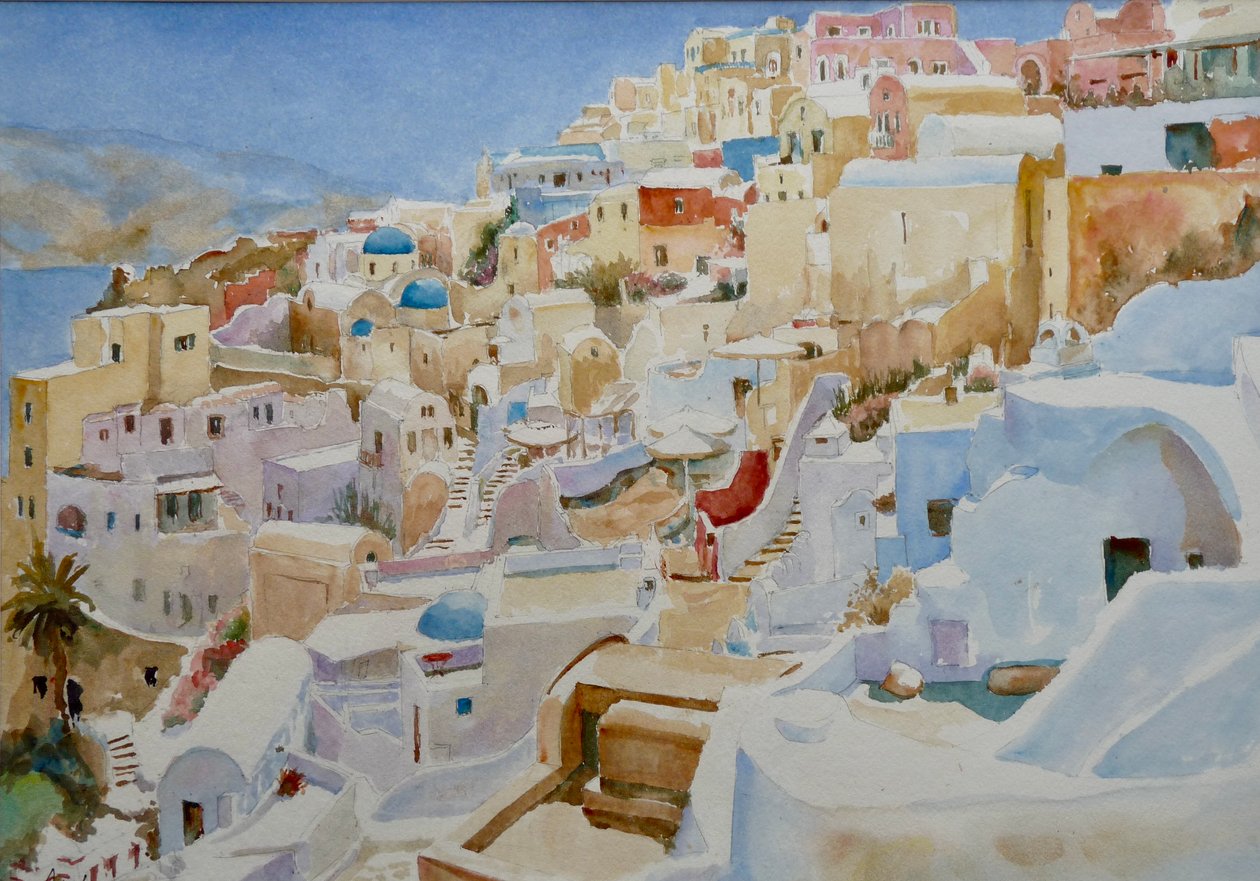 Santorini, Oia, 2019 (akvarel) af Clive Wilson