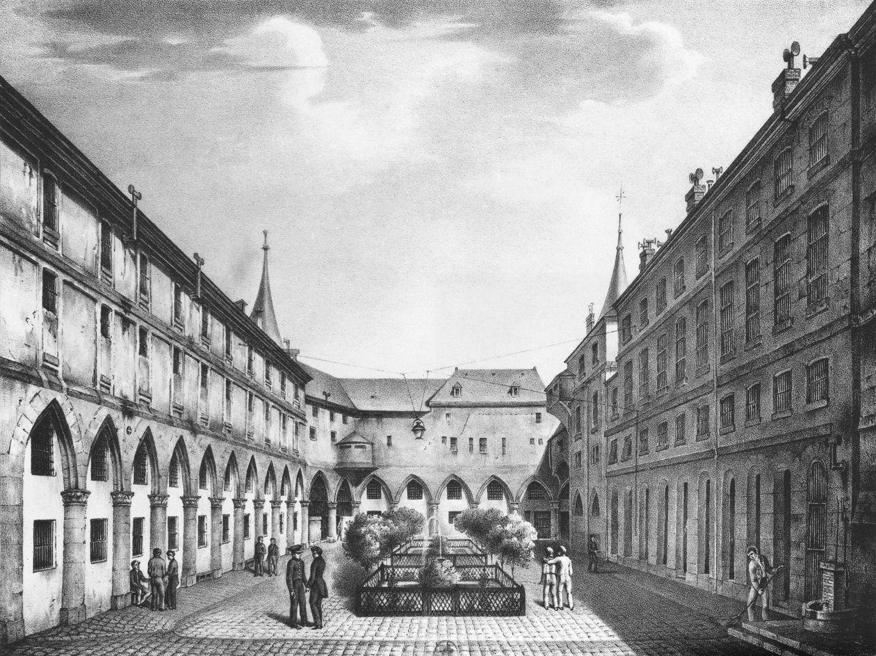 Udsigt over mændenes gård ved Conciergerie-fængslet, indgraveret af Alphonse Urruty (1800-70) ca. 1831 af Collard