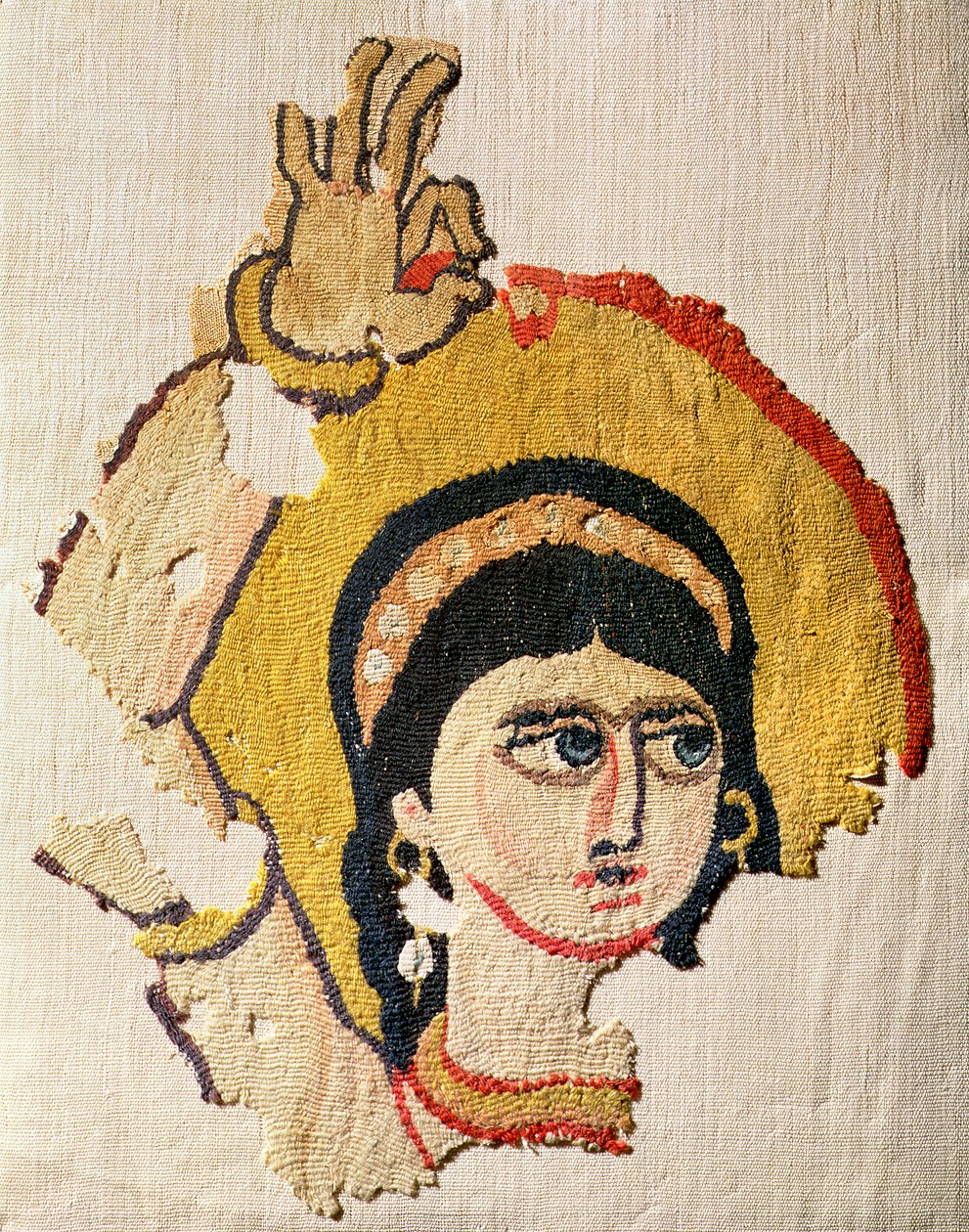 Fragment af et gobelin, der forestiller hovedet af en danser (uld og linned) af Coptic