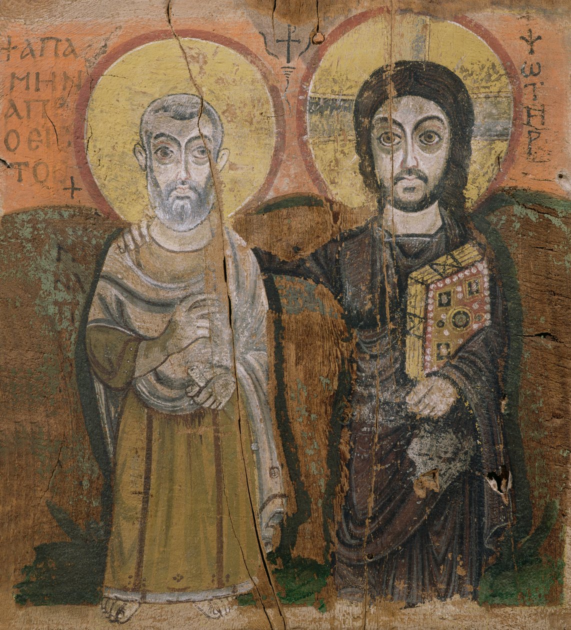Ikon, der forestiller Abbott Mena med Kristus, fra Baouit, 6.-7. århundrede (tempera på panel) af Coptic