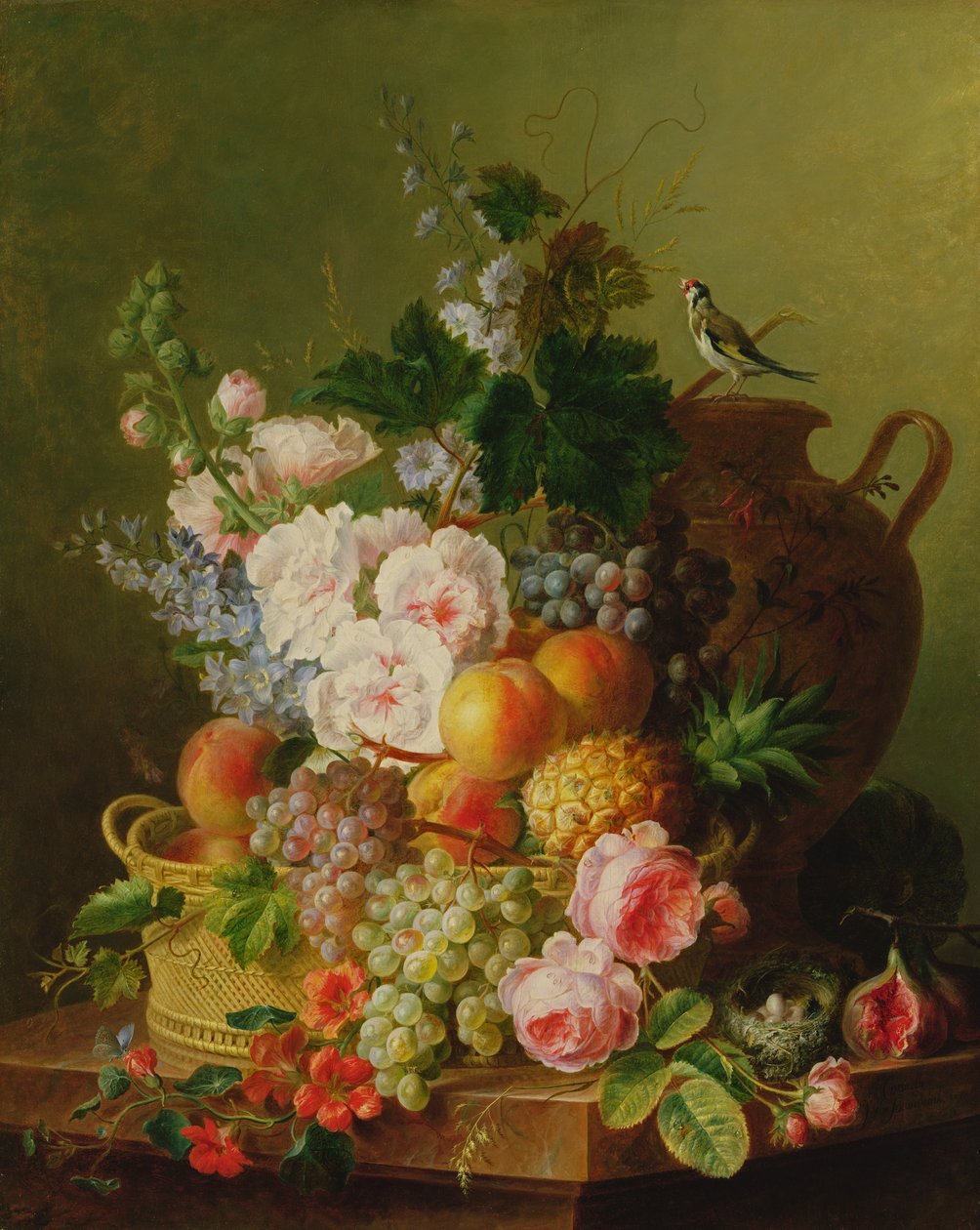 Stilleben af frugter og blomster i en flettet kurv på en afsats. af Cornelis van Spaendonck