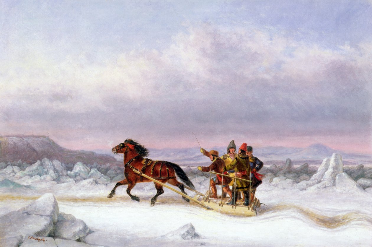 Krydser St. Lawrence fra Levis til Quebec på en slæde (olie) af Cornelius Krieghoff