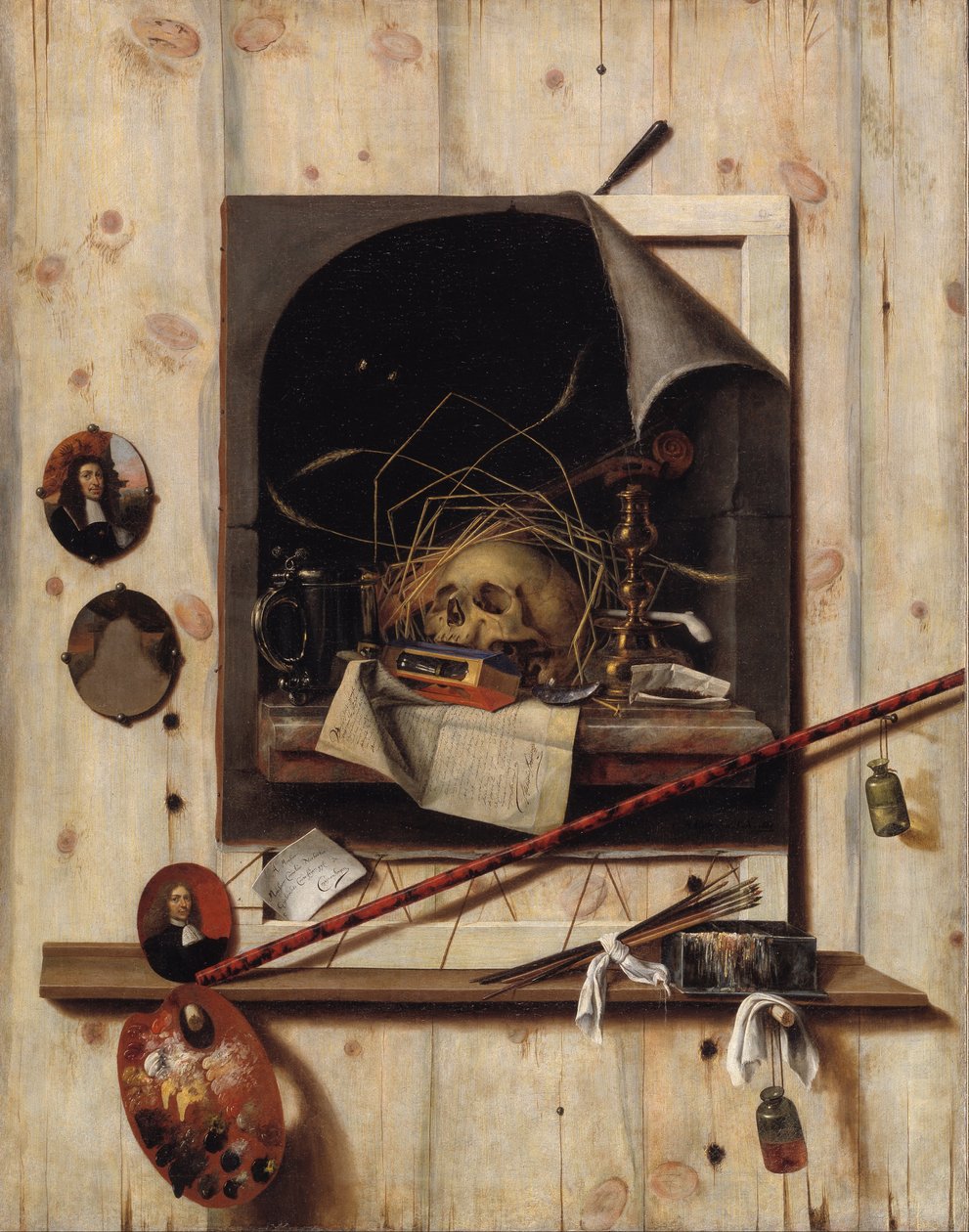 Trompe loeil med Studio Wall og Vanitas Still Life af Cornelis Norbertus Gijsbrechts