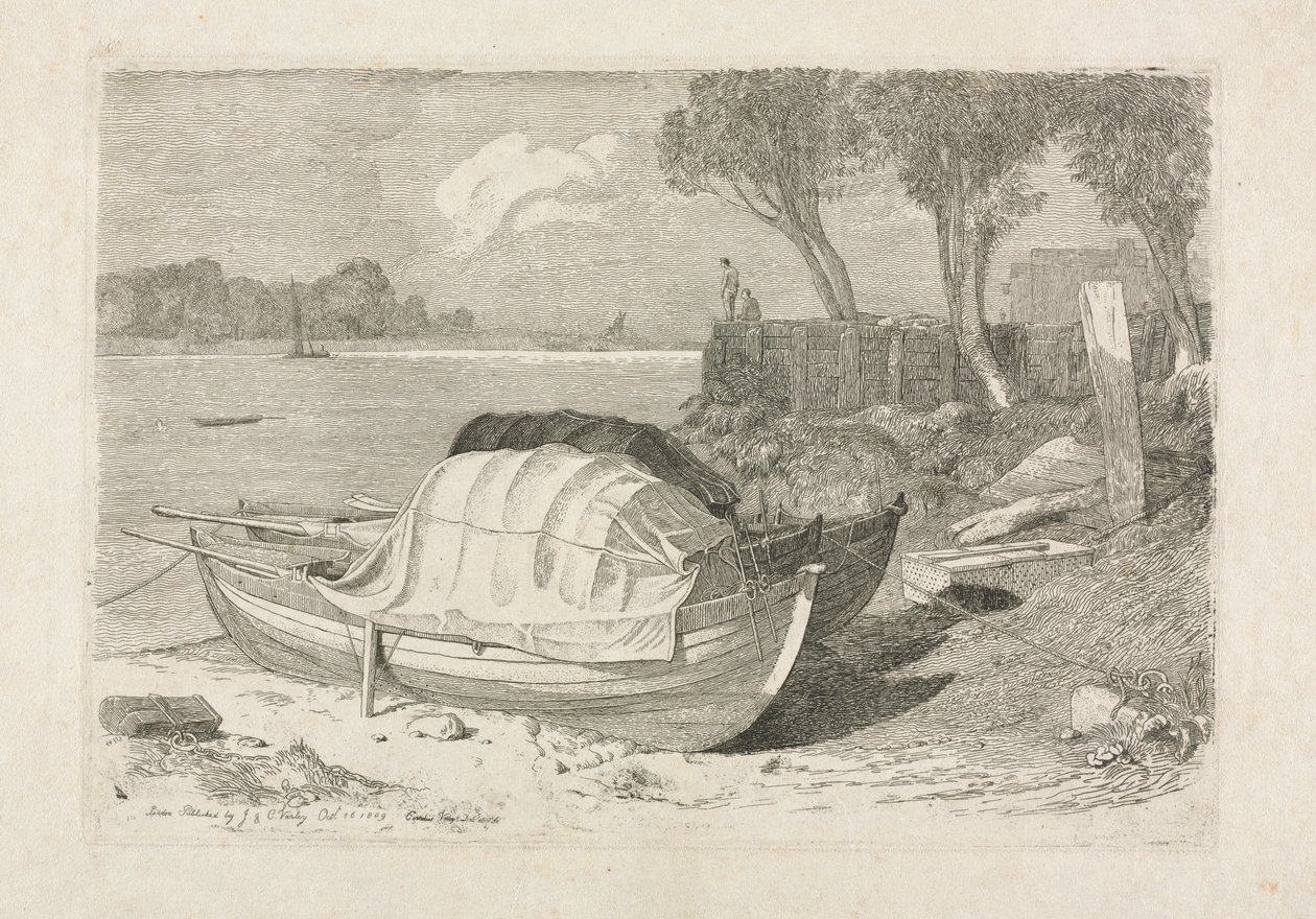 To strandede fiskerbåde af Cornelius Varley
