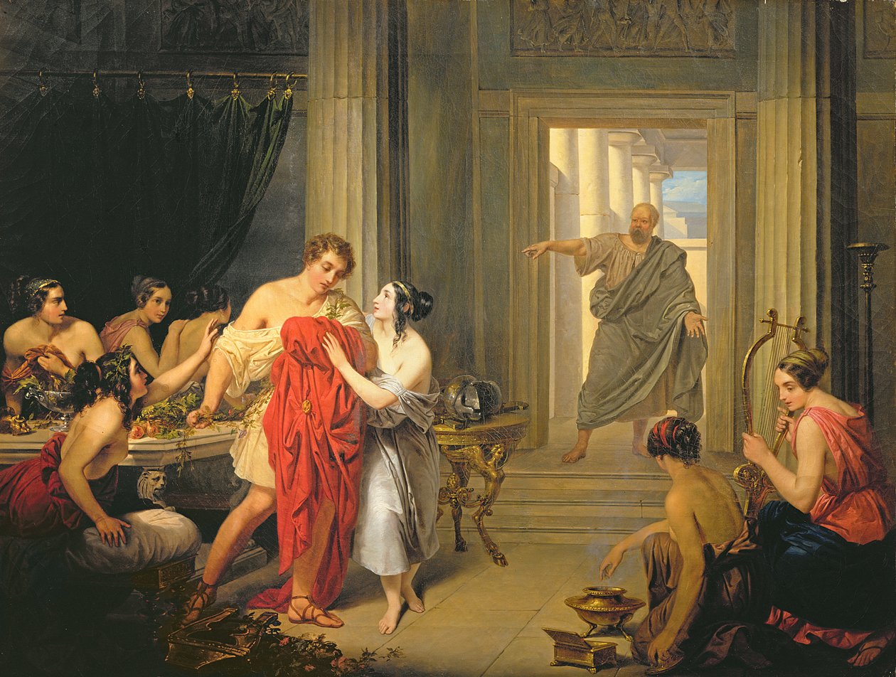 Alcibiades blandt hetaerae (olie på lærred) af Cosroe Dusi