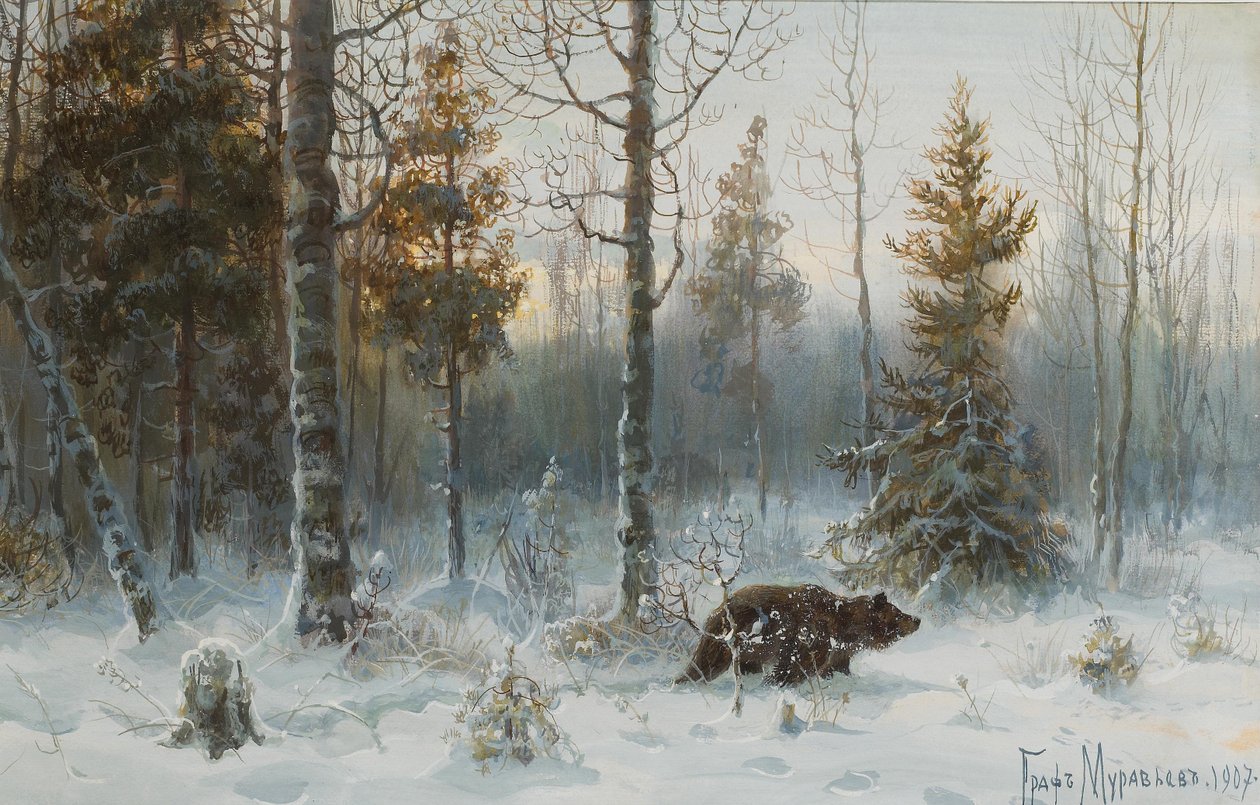 Vinterlandskab med bjørn, 1907 af Count Vladimir Leonidovich Muravyov