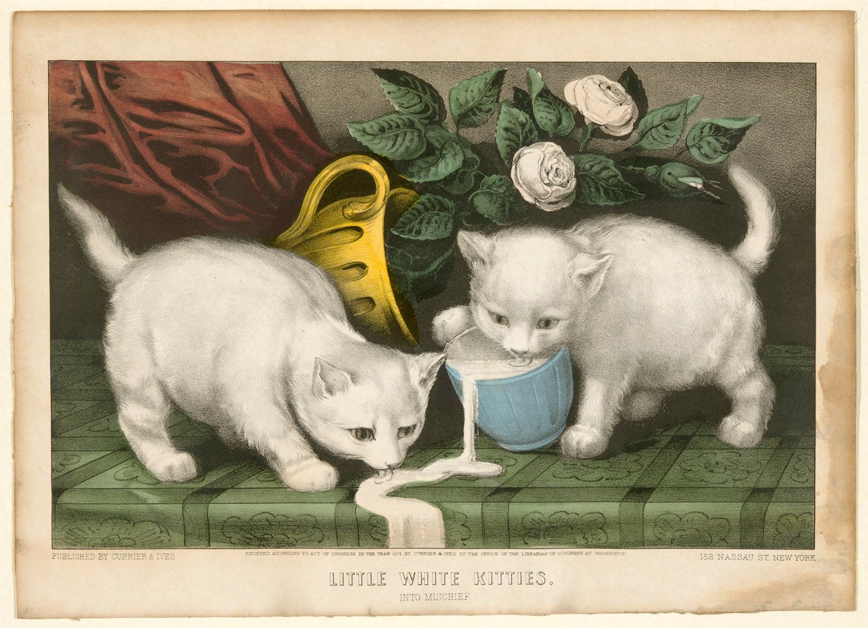 Små hvide kattekillinger i galskab af Currier and Ives
