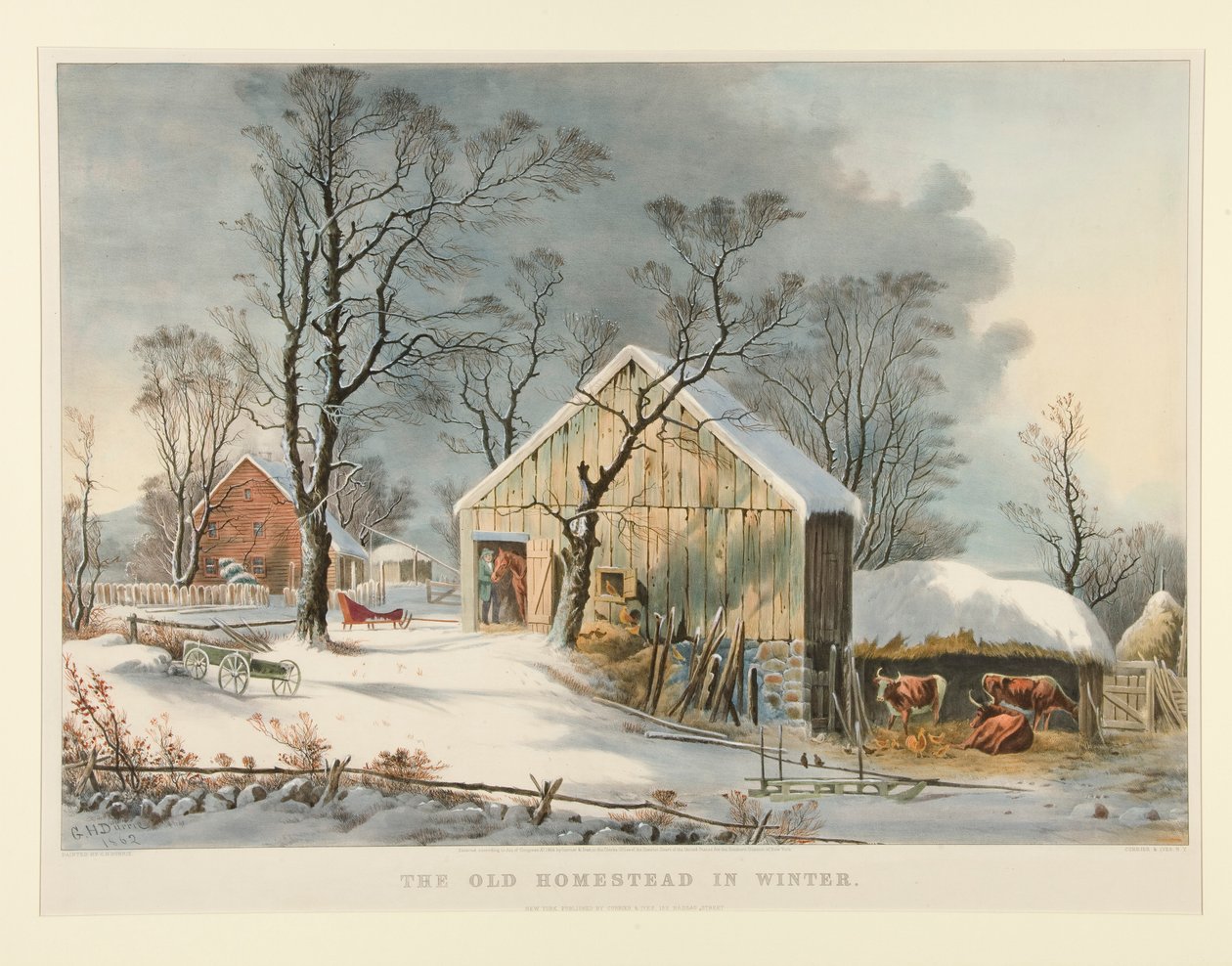 Det gamle husmandssted om vinteren af Currier and Ives