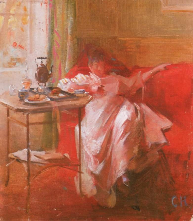 Læse dame på rød sofa af Curt Herrmann