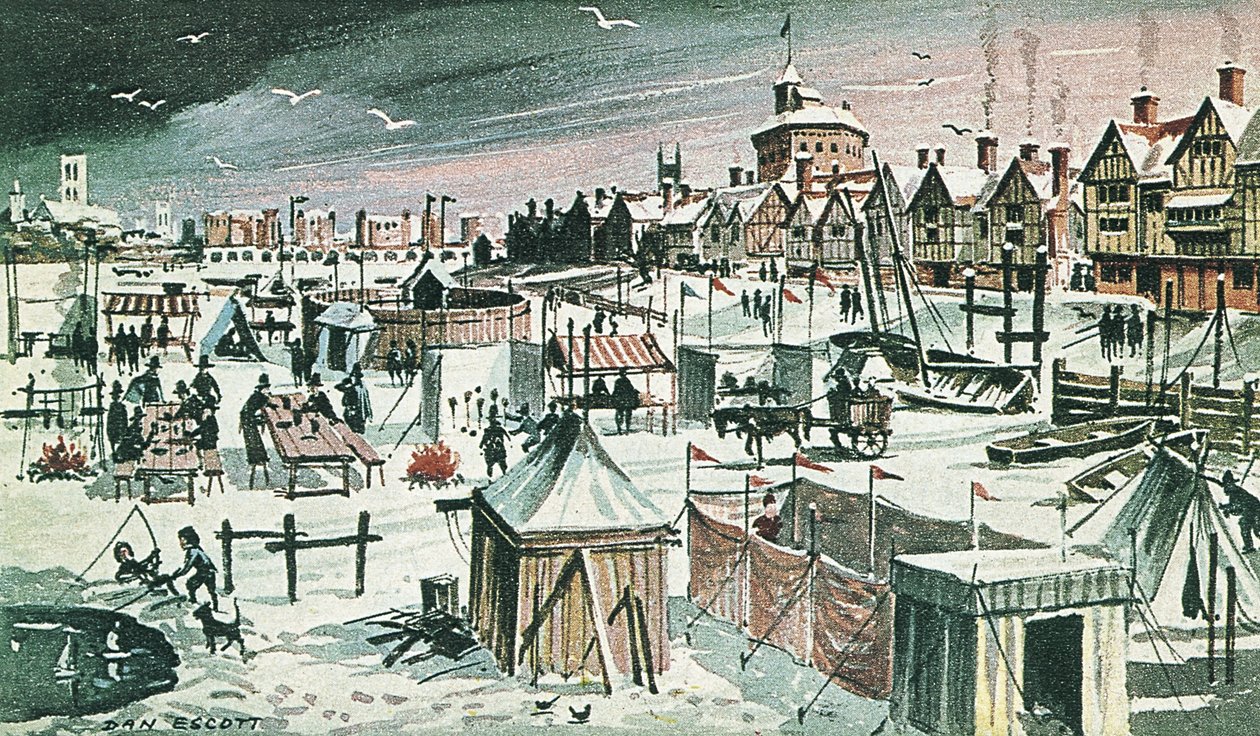 Frostmesse på Themsen (farvelitografi) af Dan Escott